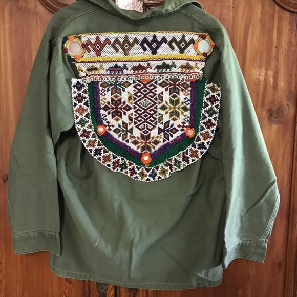 Rare Free People Women's Military OG 107 Beaded Bohemian Woodstock Army Shirt M - Picture 5 of 5